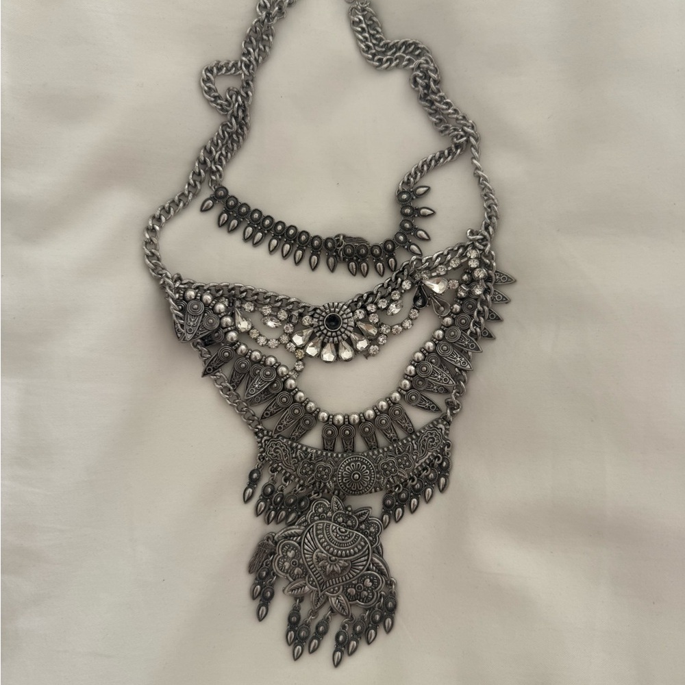 Boho Silver Statement Necklace with rhinestones
